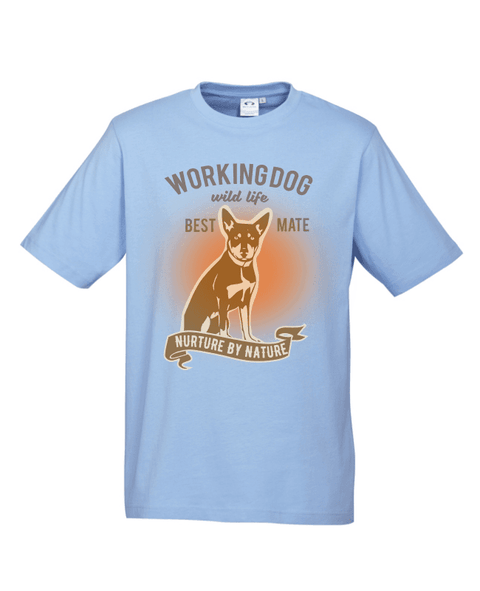 Light Blue Short Sleeve T Shirt. Graphic of a dog with text reading Working Dog. Wild Life. Best Mate. Nurture by Nature.