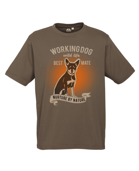 Khaki Short Sleeve T Shirt. Graphic of a dog with text reading Working Dog. Wild Life. Best Mate. Nurture by Nature.