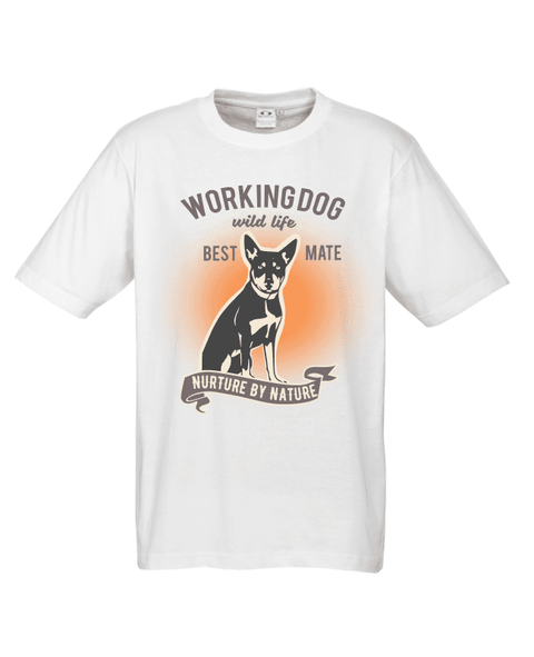 White Short Sleeve T Shirt. Graphic of a dog with text reading Working Dog. Wild Life. Best Mate. Nurture by Nature.