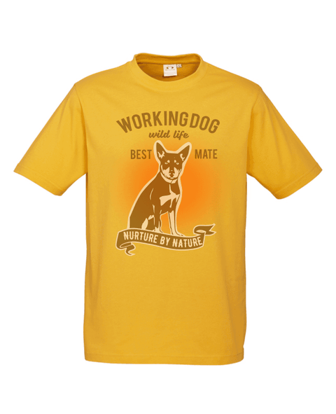 Yellow Short Sleeve T Shirt. Graphic of a dog with text reading Working Dog. Wild Life. Best Mate. Nurture by Nature.