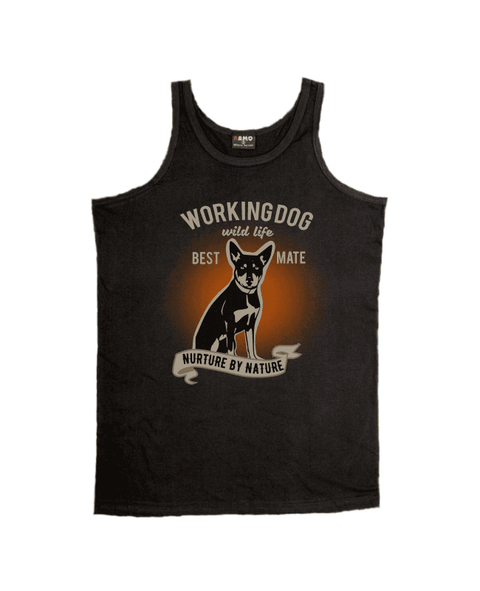 Black Single Tank T Shirt. Graphic of a dog with text reading Working Dog. Wild Life. Best Mate. Nurture by Nature.