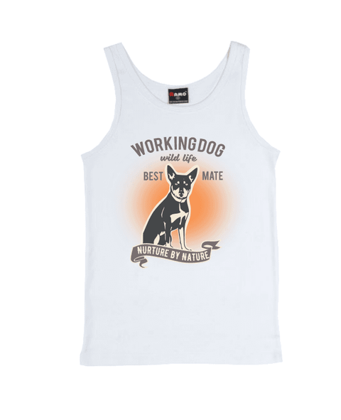 White Single Tank T Shirt. Graphic of a dog with text reading Working Dog. Wild Life. Best Mate. Nurture by Nature.