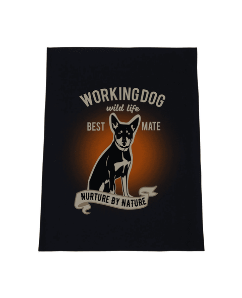 Flat Lay in a kitchen, Black Colour Tea Towel. Graphic of a dog with text reading Working Dog.  Wild Life.  Best Mate.  Nurture by Nature.