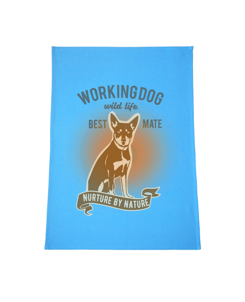 Flat Lay in a kitchen, Light Blue Colour Tea Towel. Graphic of a dog with text reading Working Dog.  Wild Life.  Best Mate.  Nurture by Nature.