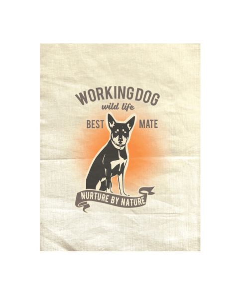 Flat Lay in a kitchen, natural Colour Tea Towel. Graphic of a dog with text reading Working Dog.  Wild Life.  Best Mate.  Nurture by Nature.