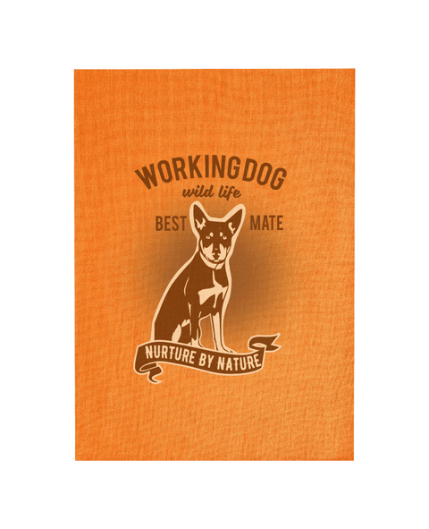 Flat Lay in a kitchen, Orange Colour Tea Towel. Graphic of a dog with text reading Working Dog.  Wild Life.  Best Mate.  Nurture by Nature.