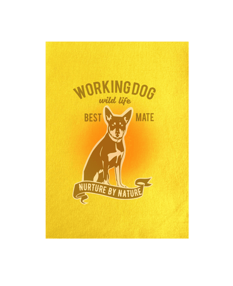 Flat Lay in a kitchen, Yellow Colour Tea Towel. Graphic of a dog with text reading Working Dog.  Wild Life.  Best Mate.  Nurture by Nature.